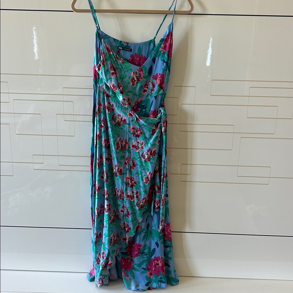 Zara Blue Floral Dress with Pink and Green Accents